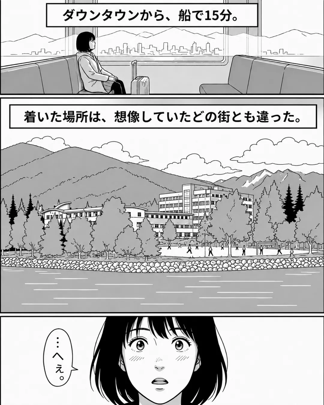 ボドウェル・ハイスクール紹介漫画3ページ目。ボドウェルはBC州ノースバンクーバーのウォーターフロントにあり、バンクーバーのダウンタウンからシーバスで約15分。海沿いに建つ校舎の背後には緑の山が広がる。都会を想像していたミナは「……へえ。」とつぶやく。