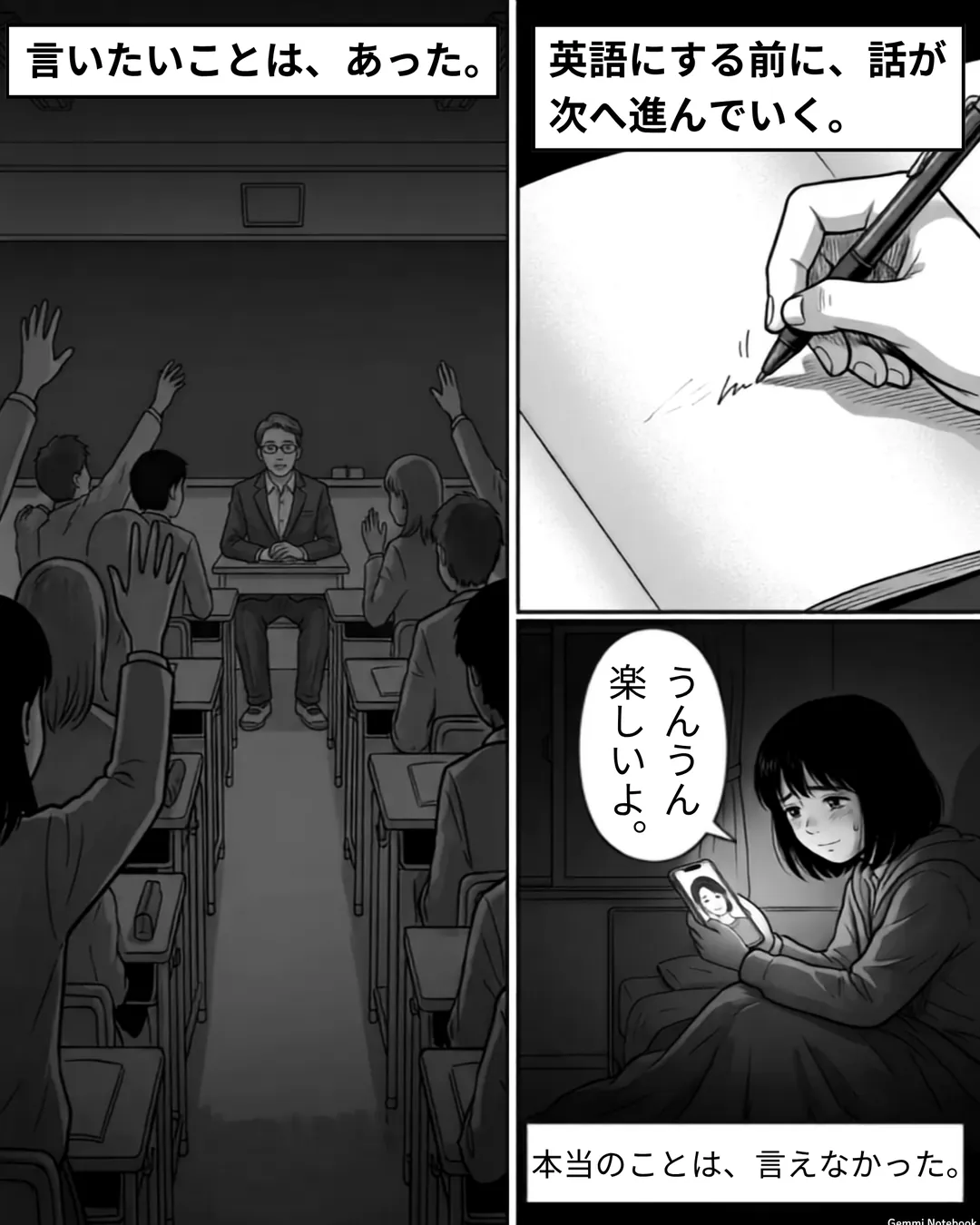 ボドウェル・ハイスクール紹介漫画5ページ目。授業で周りの生徒が次々に発言する中、ミナは英語にするのが間に合わず黙ったままでいる。夜、寮の部屋から母とビデオ通話をするミナは、笑顔を作って「うん、楽しいよ。」と答えるが、本当のことは言えなかった。