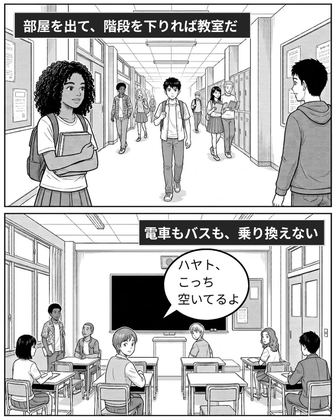 ブロンテ・カレッジ紹介漫画5ページ目。部屋を出て階段を下りればもう教室で、電車もバスも乗り換えない。世界各国から集まったクラスメイトが「ハヤト、こっち空いてるよ」と少人数の教室で席をすすめる。