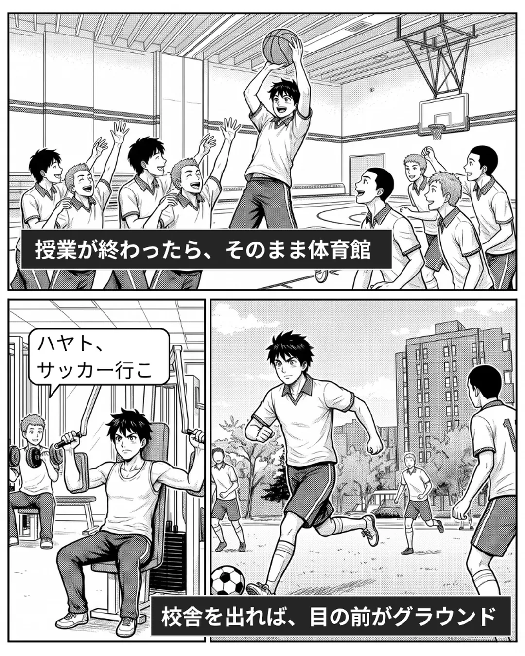 ブロンテ・カレッジ紹介漫画6ページ目。授業が終わったら、そのまま体育館へ。ハヤトが友人たちとバスケットボールをする。校内のフィットネスルームでは友人が「ハヤト、サッカー行こ」と誘い、校舎を出れば目の前がグラウンドで、そこで一緒にサッカーをする。