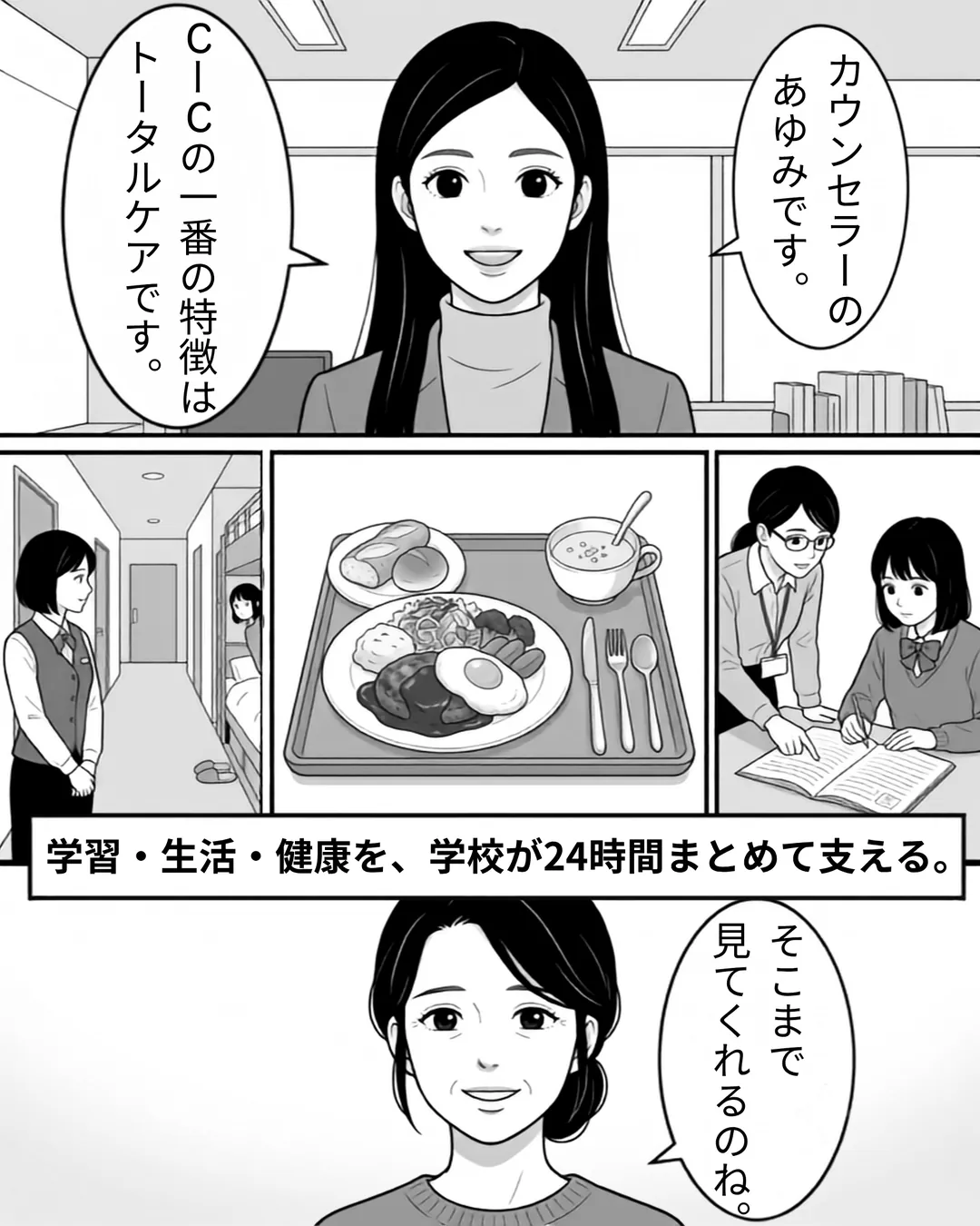 コロンビア・インターナショナル・カレッジ紹介漫画4ページ目。カウンセラーのあゆみさんが「CICの一番の特徴はトータルケアです」と説明する。Total Care Education Systemにより、学習・生活・健康を学校が24時間まとめて支える体制があり、寮でのスタッフの声かけ、食事、学習面の個別助言まで含まれる。母は「そこまで見てくれるのね」と安心する。