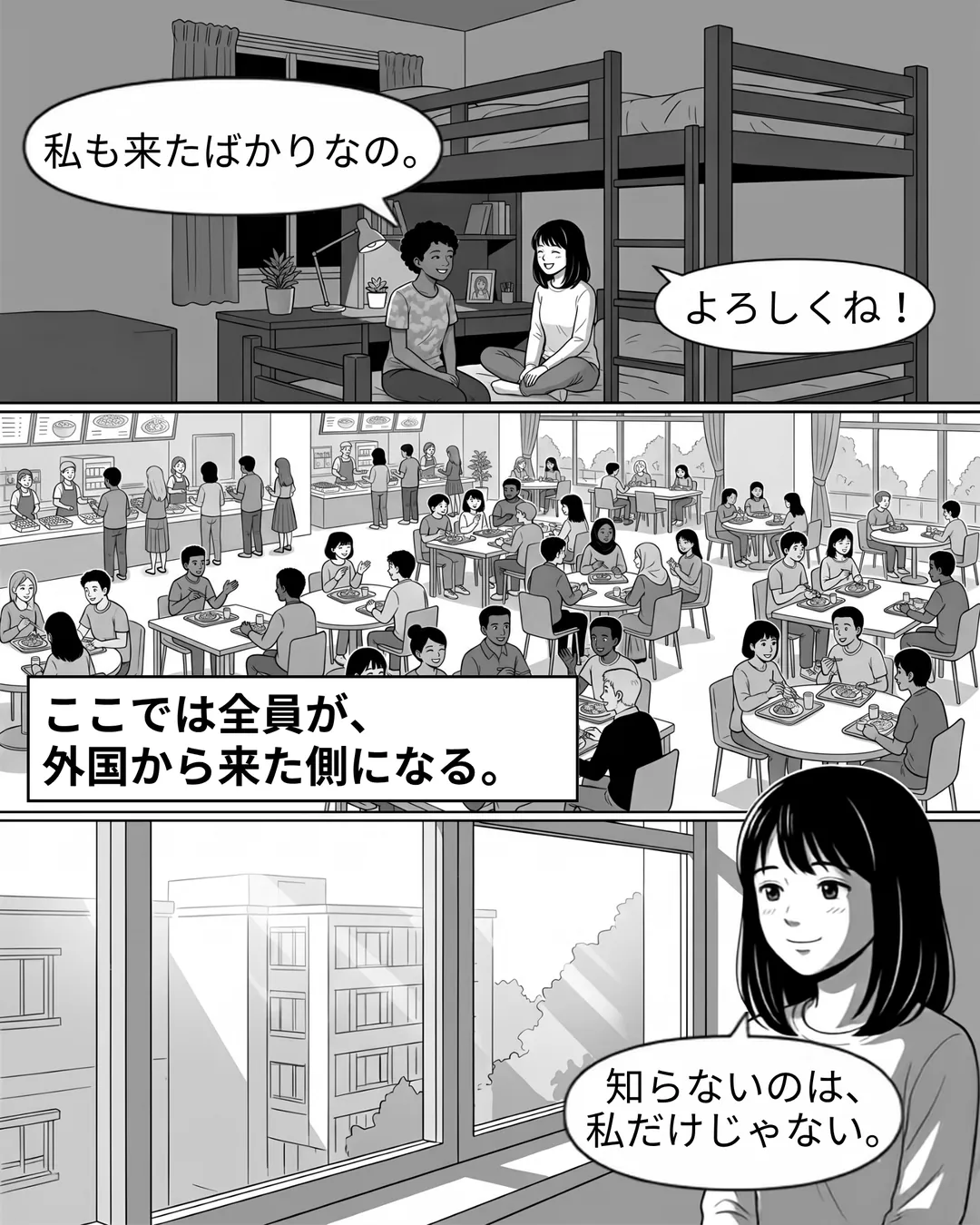 コロンビア・インターナショナル・カレッジ紹介漫画6ページ目。寮でミナが各国から来たルームメイトと打ち解ける様子。CICは生徒のほとんどが世界各国からの留学生であるため、ここでは全員が外国から来た側になる。ミナは「知らないのは、私だけじゃない」と安心する。