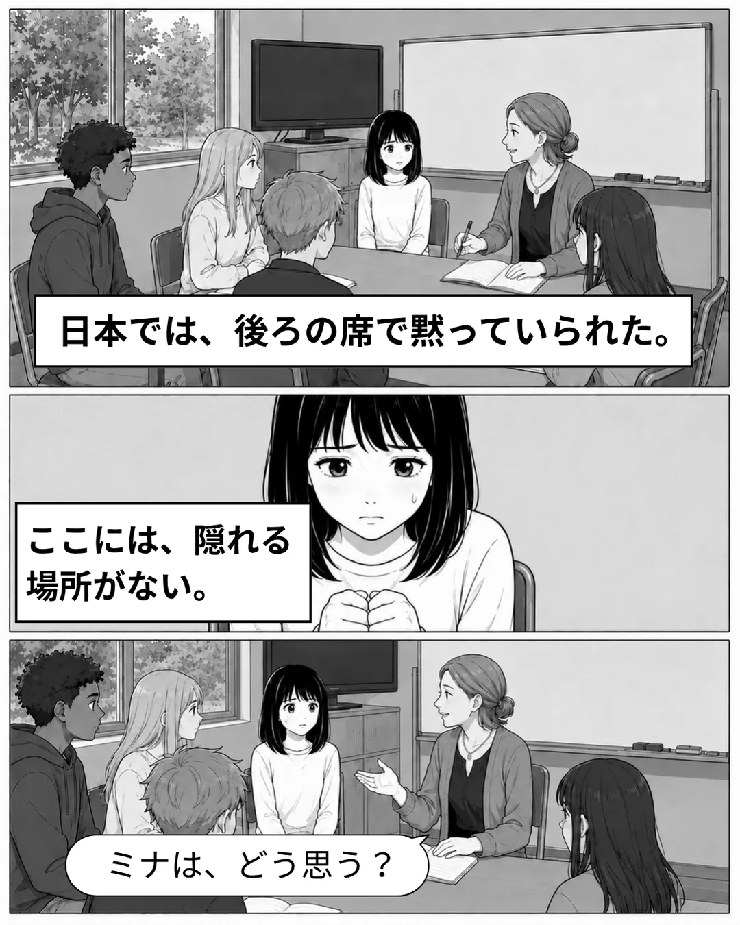 ローリエイト・カレッジ紹介漫画4ページ目。大きなテーブルをひと囲みする少人数の教室で、先生がすぐ隣に座っている。日本では、後ろの席で黙っていられた。ここには、隠れる場所がない。先生がミナに「ミナは、どう思う？」と問いかける。