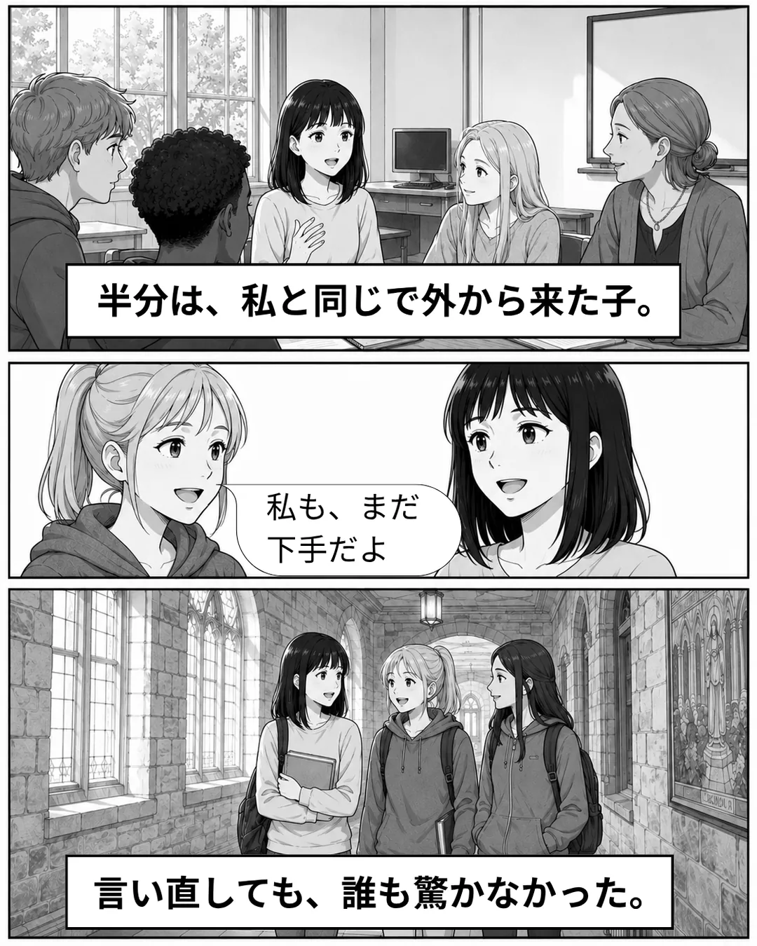 ローリエイト・カレッジ紹介漫画6ページ目。教室で自分の考えを話すミナ。半分は、私と同じで外から来た子。クラスメイトが「私も、まだ下手だよ」と笑いかける。石造りの廊下を友人と歩く。言い直しても、誰も驚かなかった。