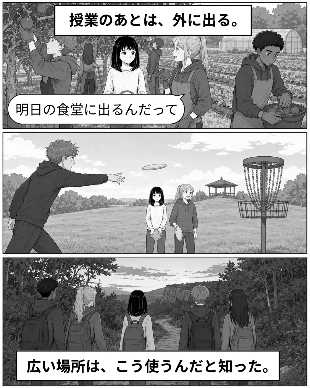 ローリエイト・カレッジ紹介漫画7ページ目。授業のあとは、外に出る。りんご園でかごを持って収穫するミナたち。「明日の食堂に出るんだって」。芝生の広場ではディスクゴルフ、夕方は木立のトレイルへ。広い場所は、こう使うんだと知った。