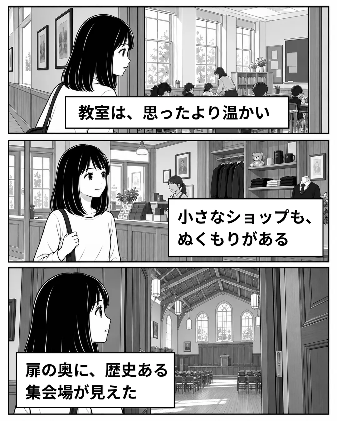 ピカリング・カレッジ紹介漫画3ページ目。校舎内を見学するミナ。教室は思ったより温かく、小さなショップにもぬくもりがある。扉の奥には歴史ある集会場が見えた。