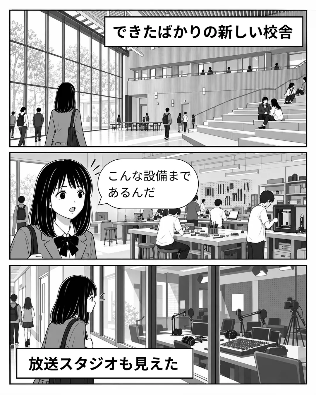ピカリング・カレッジ紹介漫画4ページ目。できたばかりの新しい校舎West Lake Houseを訪れたミナは、「こんな設備まであるんだ」と驚く。放送スタジオも見えた。