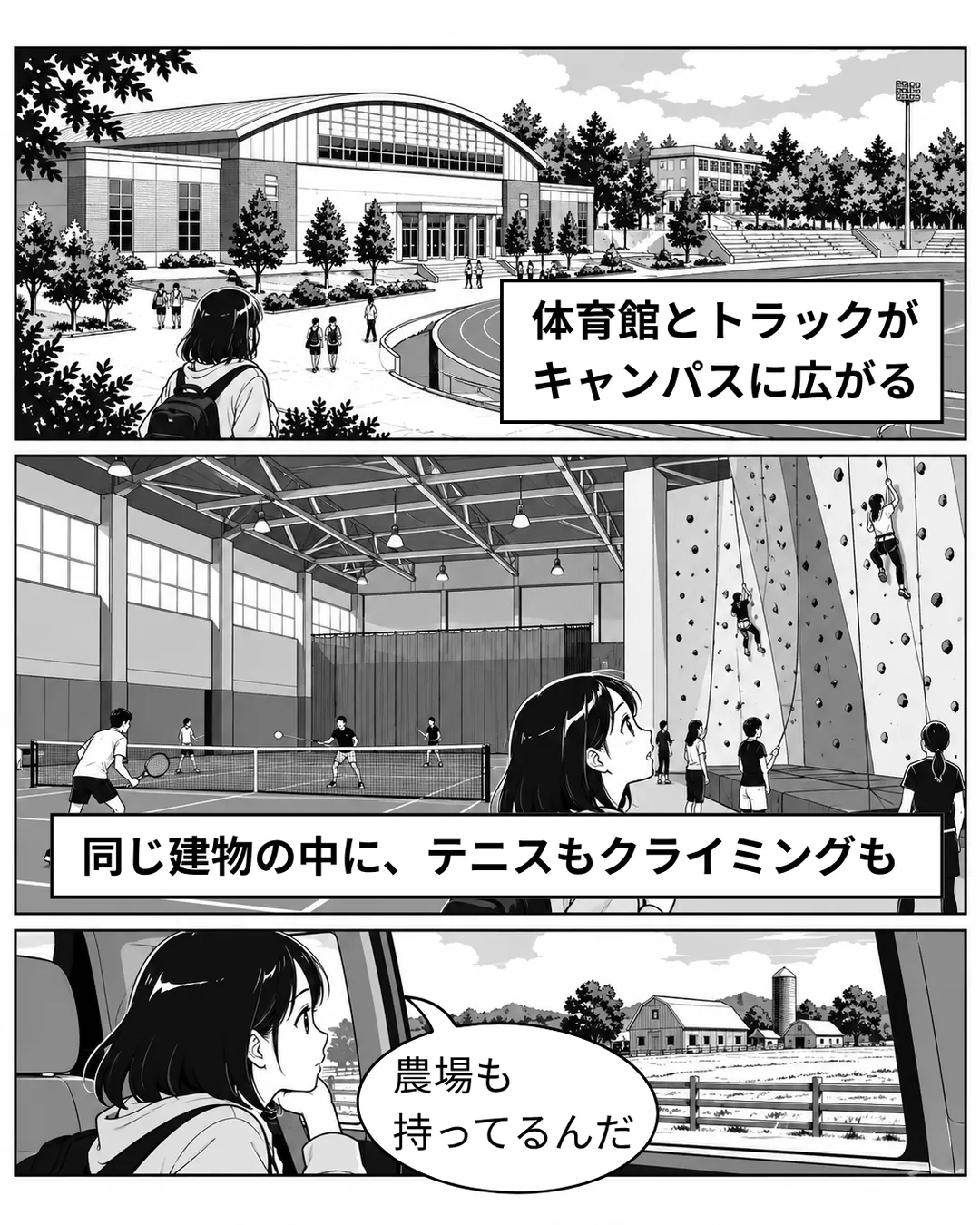 ピカリング・カレッジ紹介漫画5ページ目。体育館とトラックがキャンパスに広がり、同じ建物の中にテニスコートとクライミングウォールが同居する。移動中の車内でミナは「農場も持ってるんだ」とつぶやく。