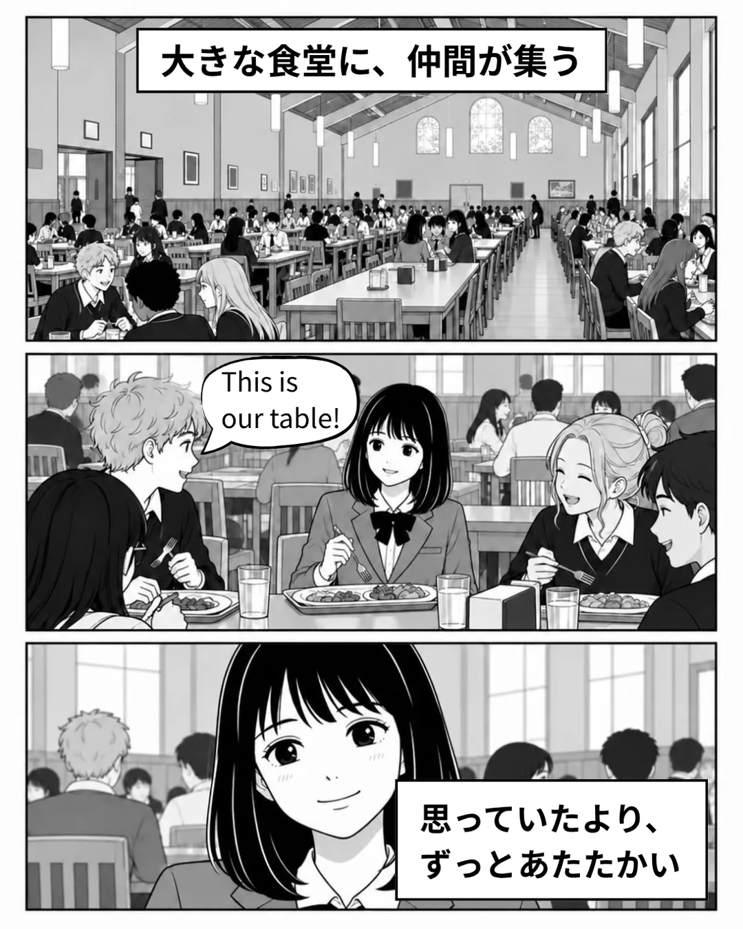 ピカリング・カレッジ紹介漫画7ページ目。大きな食堂に仲間が集う。「This is our table!」と迎えられたミナは、「思っていたより、ずっとあたたかい」と感じる。