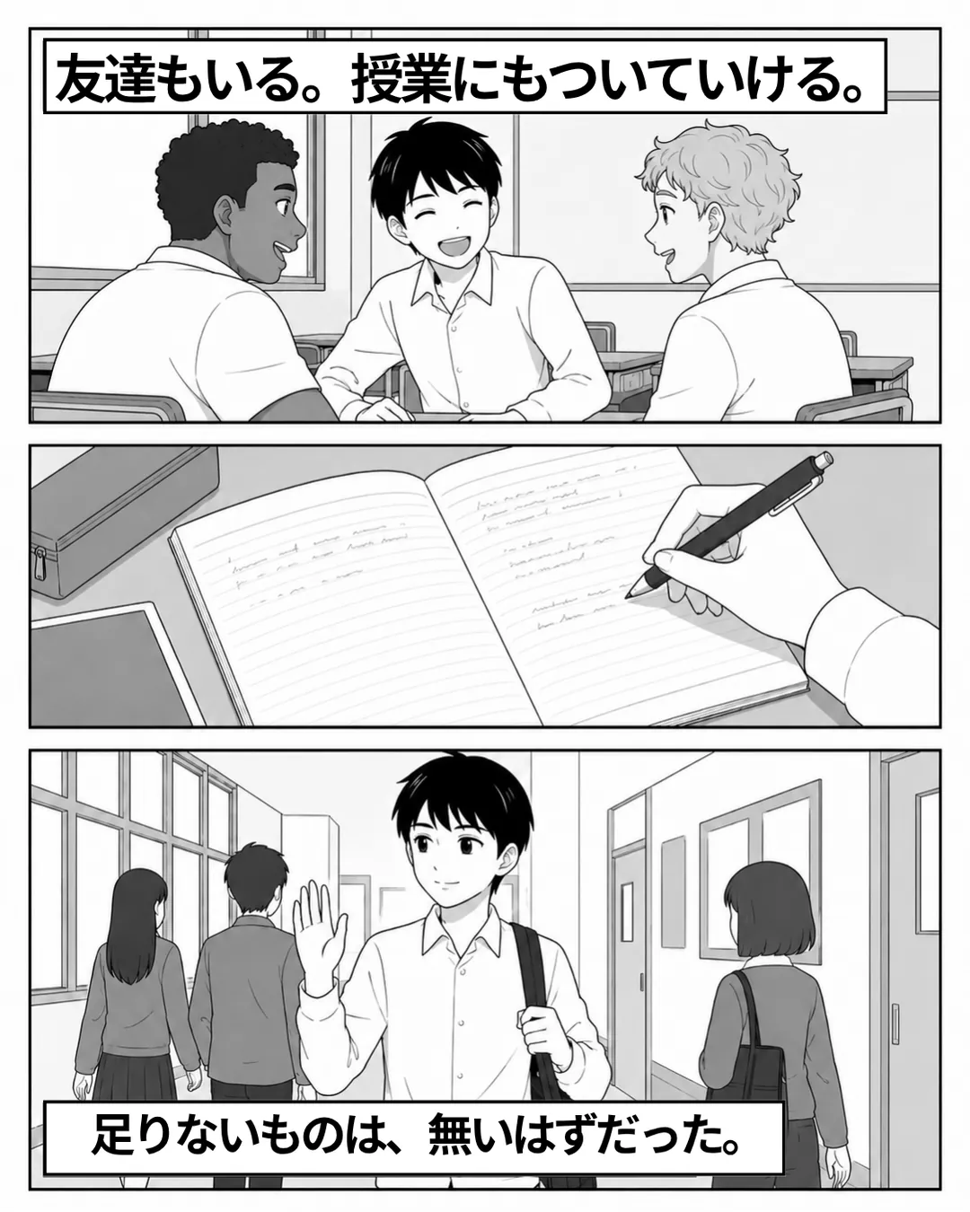 教室で友人と笑い、授業のノートを取り、廊下で挨拶を交わすハヤトの日常。ナレーション「友達もいる。授業にもついていける。」「足りないものが、見当たらない。」