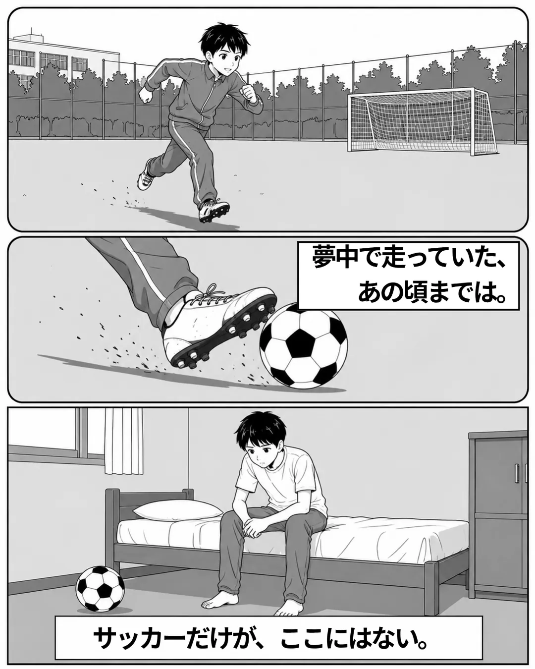 日本でサッカーに打ち込んでいた頃を思い出し、自室で床のボールを見つめるハヤト。ナレーション「あの頃、理由なんて要らなかった。」「いま、それだけがない。」