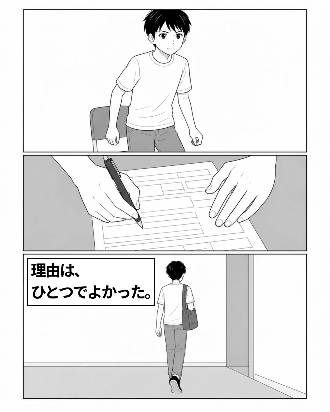 転校を決意し、書類に記入して歩き出すハヤト。ナレーション「理由は、ひとつでよかった。」