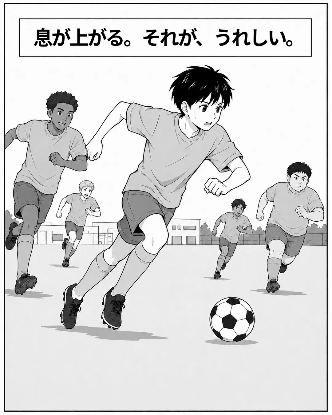 転校先のグラウンドで、チームメイトとサッカーに打ち込むハヤト。ナレーション「息が上がる。それが、うれしい。」