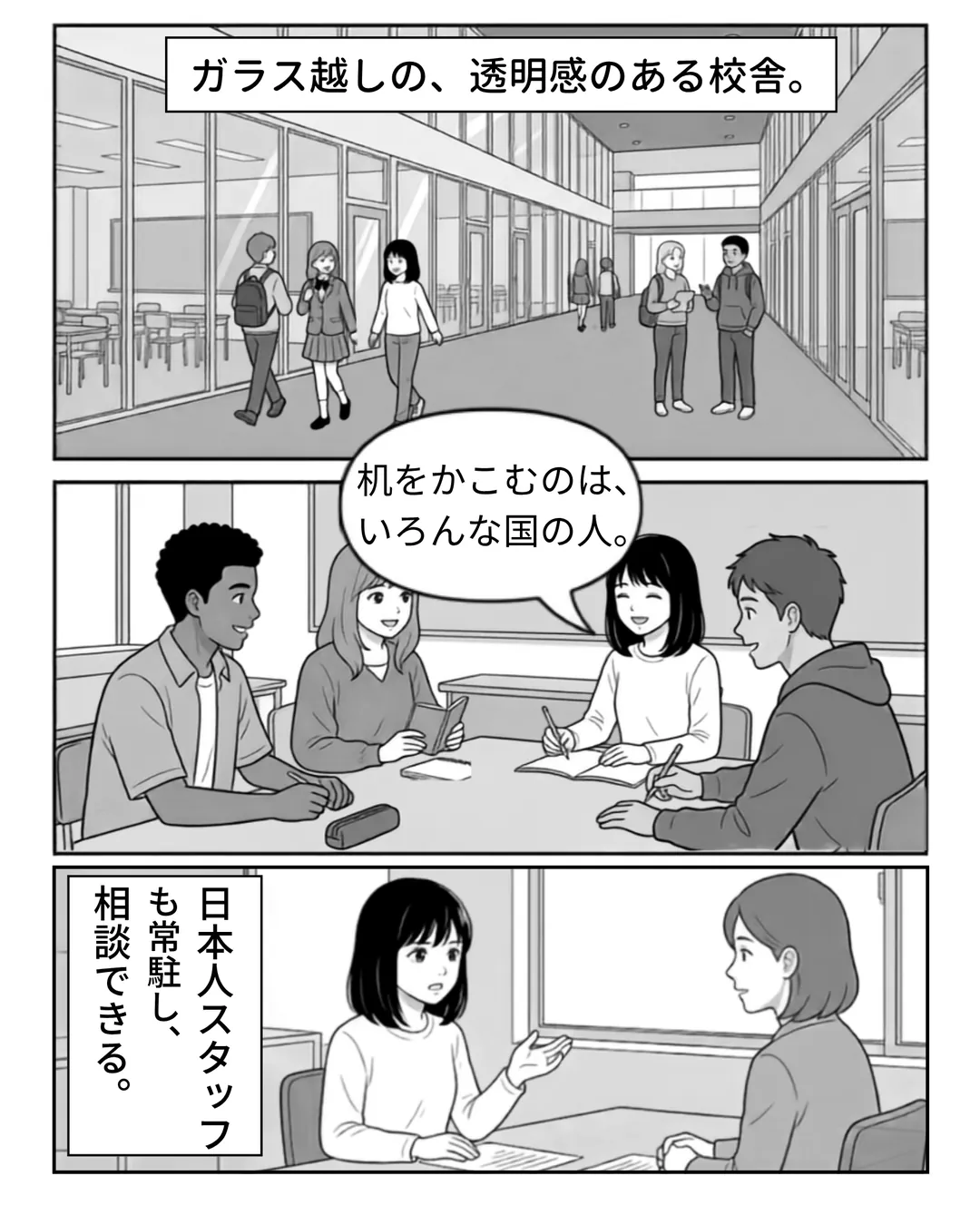 アーバン・インターナショナル・スクール紹介漫画5ページ目。ガラス越しの透明感のある校舎で、机をかこむのはいろんな国の生徒たち。日本人スタッフも常駐し、相談できる。